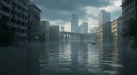 Obraz premium Flooded Cityscape with Bridge and Rain