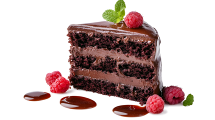 A slice of chocolate cake with raspberries on top. The cake is cut into layers and has a chocolate frosting. The raspberries are scattered around the cake, adding a pop of color