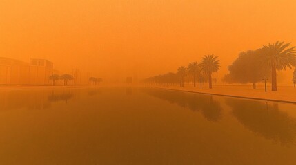 Obraz premium Desert oasis shrouded in sandstorm, calm water reflects hazy sky