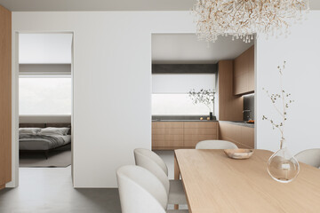 The modern minimalist dining room has elegant lighting and a chic atmosphere for any occasion