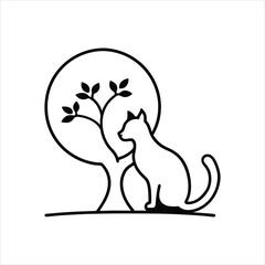 Minimalistic Cat and Tree Logo Line Art Vector Illustration