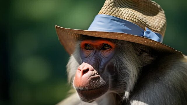 Monkey Wearing Hat Portrait in Natural Light Wildlife Close-Up