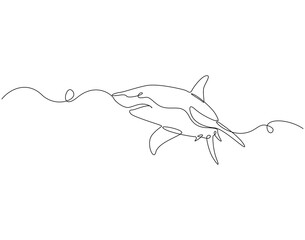 Continuous line drawing of shark fish. Single line illustration of shark fish swimming. Ocean predator fish concept. Editable outline