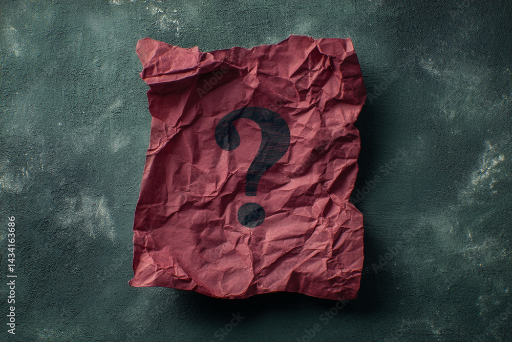 Poster Red crumpled paper with black question mark on dark background, showcasing uncertainty, inquiry, or problem-solving concept Free space for text