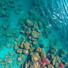 Fototapeta premium Vibrant Underwater Reefscape: Coral, Fish, and Serene Aquamarine