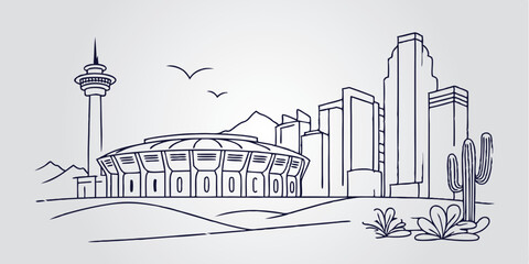 Fototapeta premium Phoenix skyline, highlighting its modern high-rises against desert-inspired elements in a smooth, one-line drawing style.