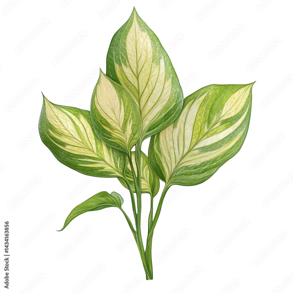 Poster botanical illustration showcasing vibrant variegated hosta leaves against a minimalist setting