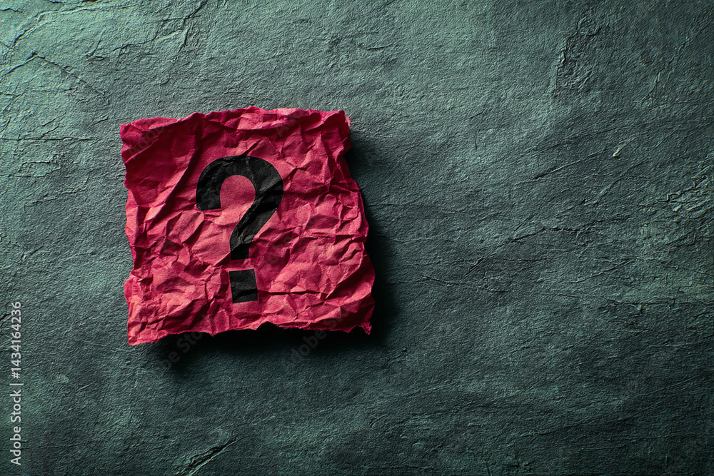 Poster red crumpled paper with black question mark on dark green background, suggesting uncertainty or inqu