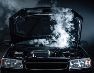 Car engine overheating with hood open and steam rising