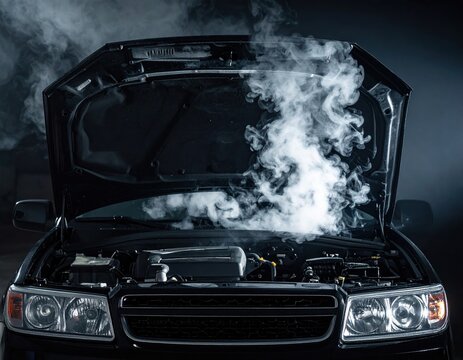 Car engine overheating with hood open and steam rising