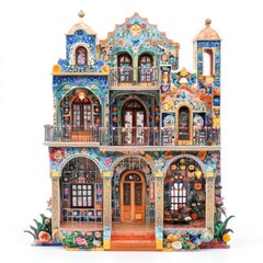 Obraz premium Detailed miniature building with ornate blue and colorful floral patterns isolated against a white background showcasing intricate architectural details.