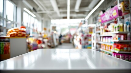 Fototapeta premium Blurred store aisle view with a glossy table foreground