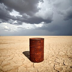 Naklejka premium Rusted barrel on cracked desert floor under dark stormy sky