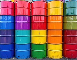 Colorful stacked oil drums in vibrant rainbow pattern