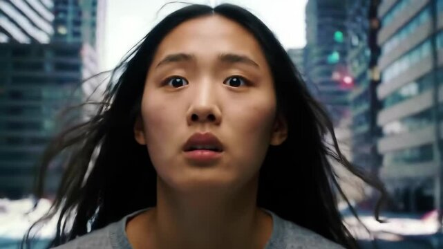 Young Asian Woman, Intense Gaze, Urban Blurred Background, Motion