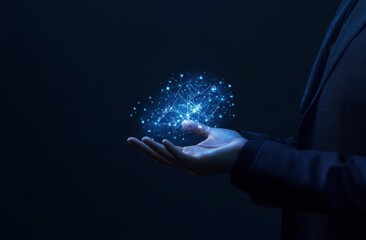 A person's hand holds a glowing, abstract network of connected dots in the palm