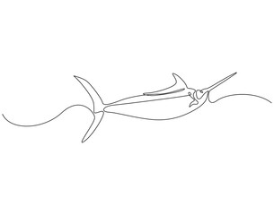 Obraz premium Continuous line drawing of marlin fish. Single line illustration of swordfish. Large predatory fish concept. Editable outline