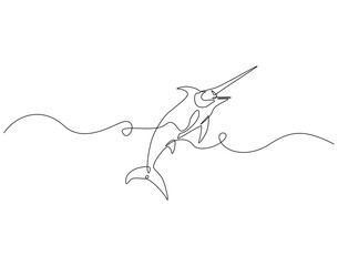 Continuous line drawing of marlin fish. Single line illustration of swordfish. Large predatory fish concept. Editable outline