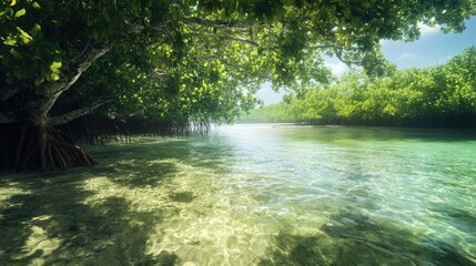 Serene Mangrove Estuary: Crystal Clear Water, Lush Green Canopy