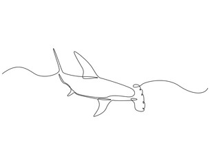 Continuous line drawing of hammerhead shark. Single line illustration of hammerhead shark fish. Ocean predator animal concept. Editable outline