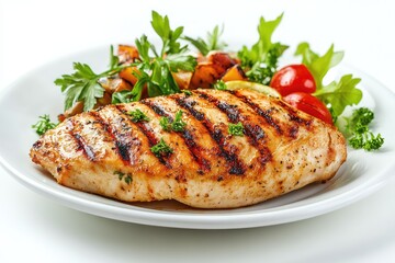 Grilled chicken breast on plate, white background. AI generated illustration.