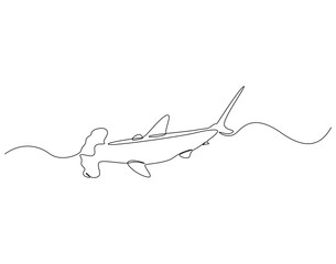 Continuous line drawing of hammerhead shark. Single line illustration of hammerhead shark fish. Ocean predator animal concept. Editable outline