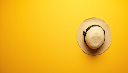 Stylish hat on bright yellow background.