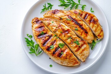 Grilled chicken breast on plate, white background. AI generated illustration.
