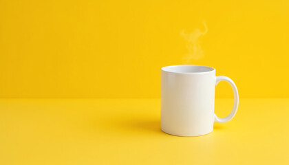 White mug with steaming drink on yellow background