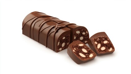 A chocolate bar with almonds, cut into three pieces, revealing the almond-filled interior