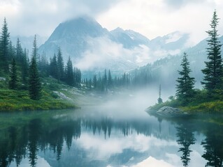 Misty mountain lake landscape