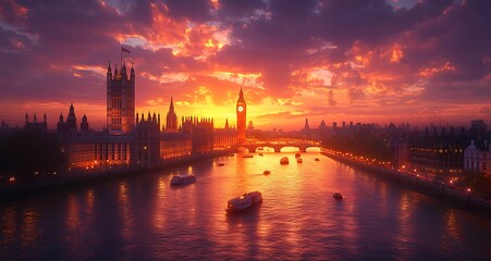 Fototapeta premium Majestic sunset over london houses of parliament and thames river