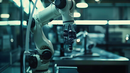 A robotic arm in a high tech factory, assembling components for robots used in autonomous energy storage systems, Energy-tech style