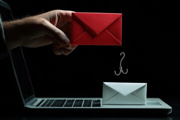 A hand holds a red envelope above a laptop with a white envelope on the screen, a fishing hook hanging from the red envelope