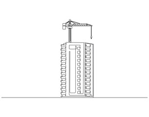 Continuous line drawing of building with crane on top. Single line illustration of tower crane on building. Construction, architecture concept. Editable outline