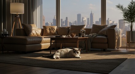 Modern living room with large overlooking a city skyline du daytime, stylish furniture, cozy atmosphere, and a relaxed cat resting on the rug