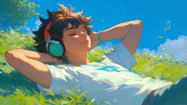 Relaxed anime boy enjoying lo-fi music with headphones in sunny nature