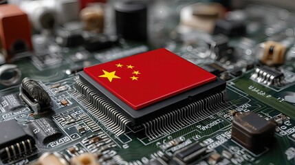 A Chinese flag overlays a detailed circuit board, symbolizing concerns over tech security and espionage.

