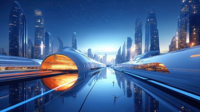 Futuristic Cityscape with Hyperloop Train