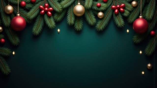 Elegant Christmas Garland with Red and Gold Ornaments on Dark Green Background
