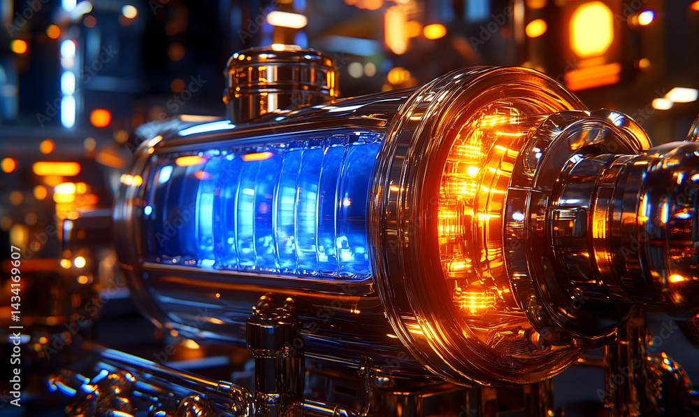 Poster close-up view of a futuristic energy reactor with glowing elements in a high-tech environment