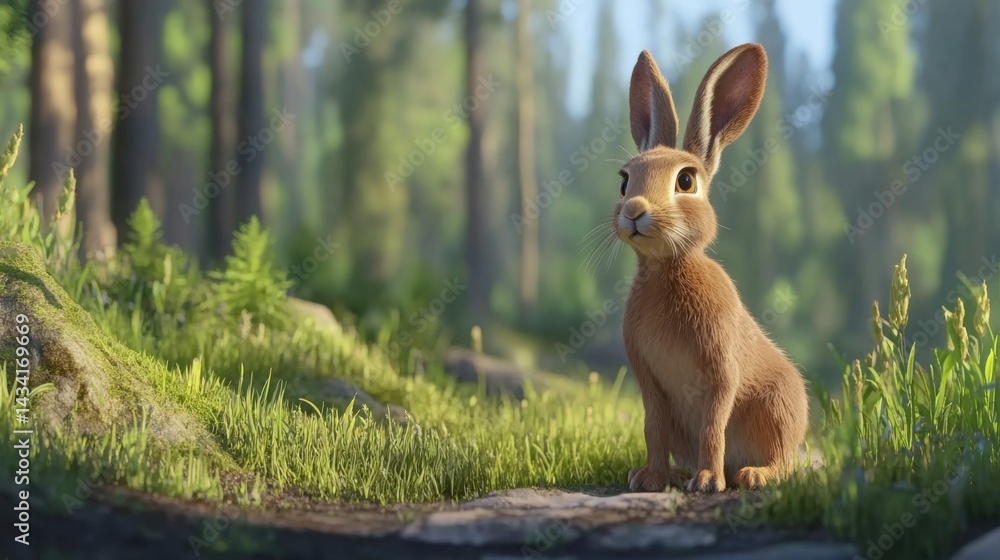 Poster animated hare sits in a sunlit forest clearing with tall trees and lush green grass creating a seren