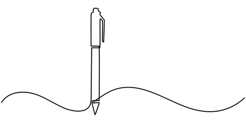 Continuous one line drawing writing pen isolated minimalist linear illustration made of single line vector illustration, Pen Signature Continuous Line Icon, One continuous line of pen writing.