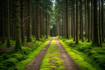 Obraz premium Straight Pine Forest Path in Lush Green Woods – Peaceful Nature Trail