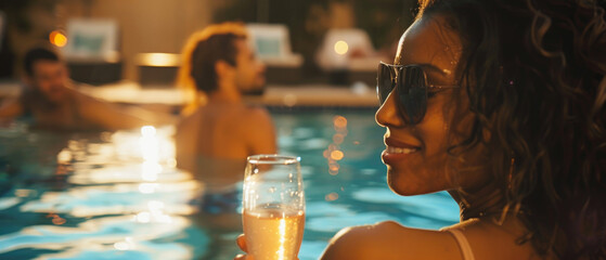 Luxurious pool party vibe with a close-up of a champagne flute, sparkling water in the background, and a sunlit woman in a swimsuit. Summer celebrations, leisure ads, or tropical lifestyle