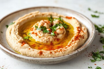 Hummus on plate, white background. AI generated illustration.