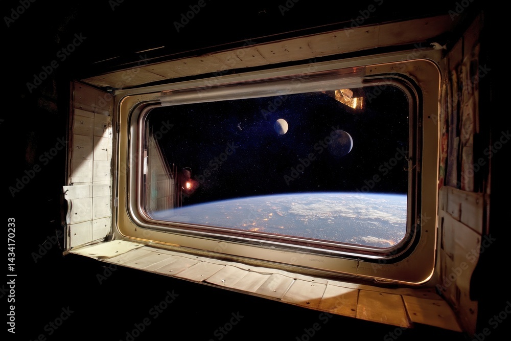 Poster captivating view from space station window earth and moons seen from spacecraft window in orbit high