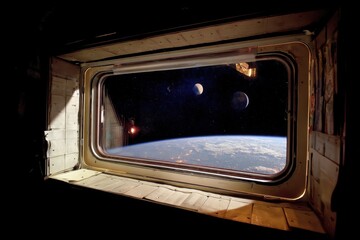 Captivating View from Space Station Window Earth and Moons Seen from Spacecraft Window in Orbit High Angle Shot