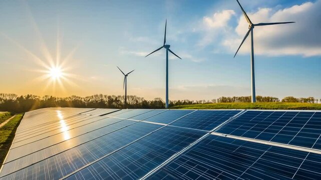 Renewable energy landscape featuring solar panels and wind turbines under a clear blue sky at sunset, capturing sustainability concept.