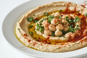 Hummus on plate, white background. AI generated illustration.
